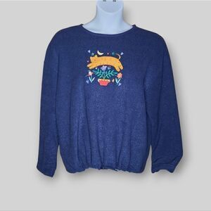 VINTAGE 90s blue fleece embroidered cat floral drawstring sweatshirt‎ sweater XL